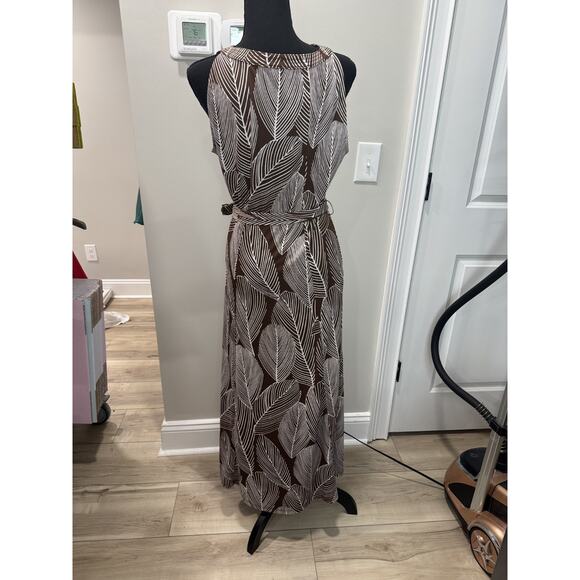 Talbots Jersey Shirtdress Linear Palms Neutral Boho Tie Packable Brown Medium - Picture 2 of 9